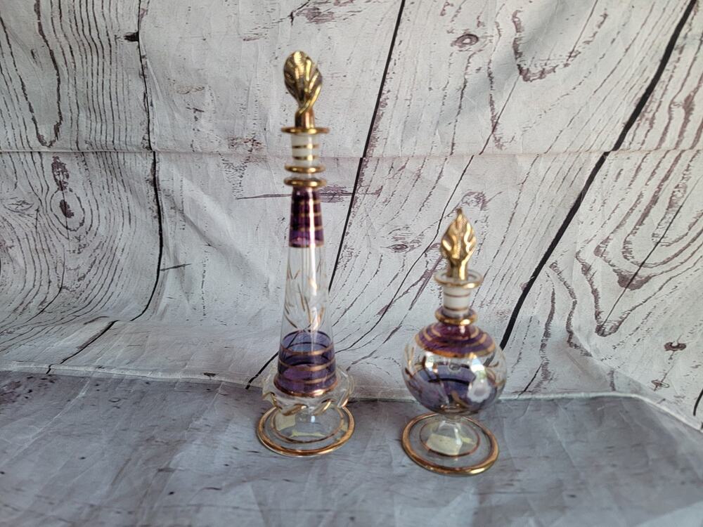 Lot 2 Vintage Egyptian Perfume Bottles 4.5" & 7.5" Etched Gold Hand Blown Glass